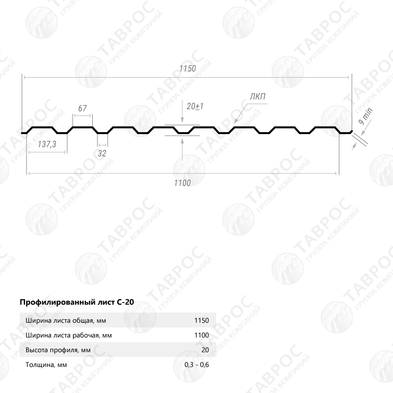 Профнастил С-20 Гладкий полиэстер RAL 9003 (Белый) 1800*1150*0,5 двухсторонний