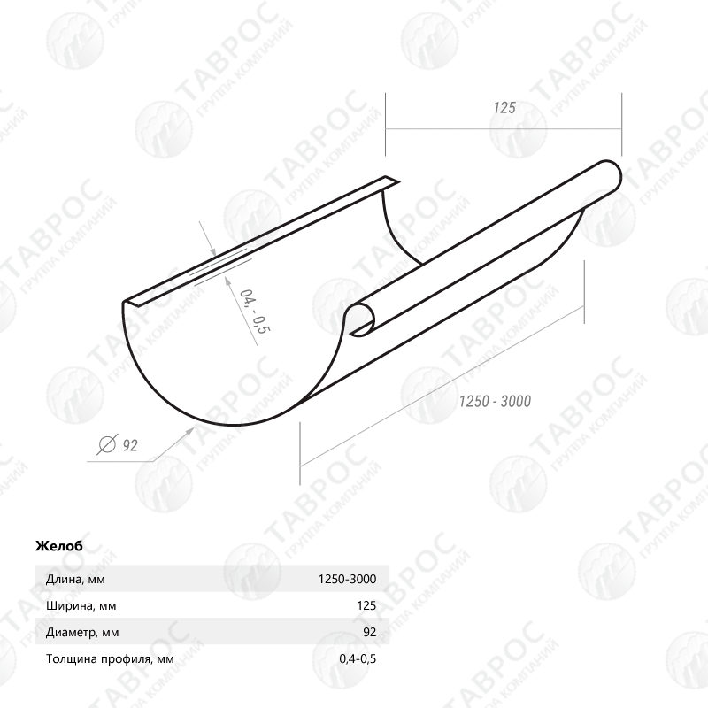 Желоб водосточный Zn 2500*125*92