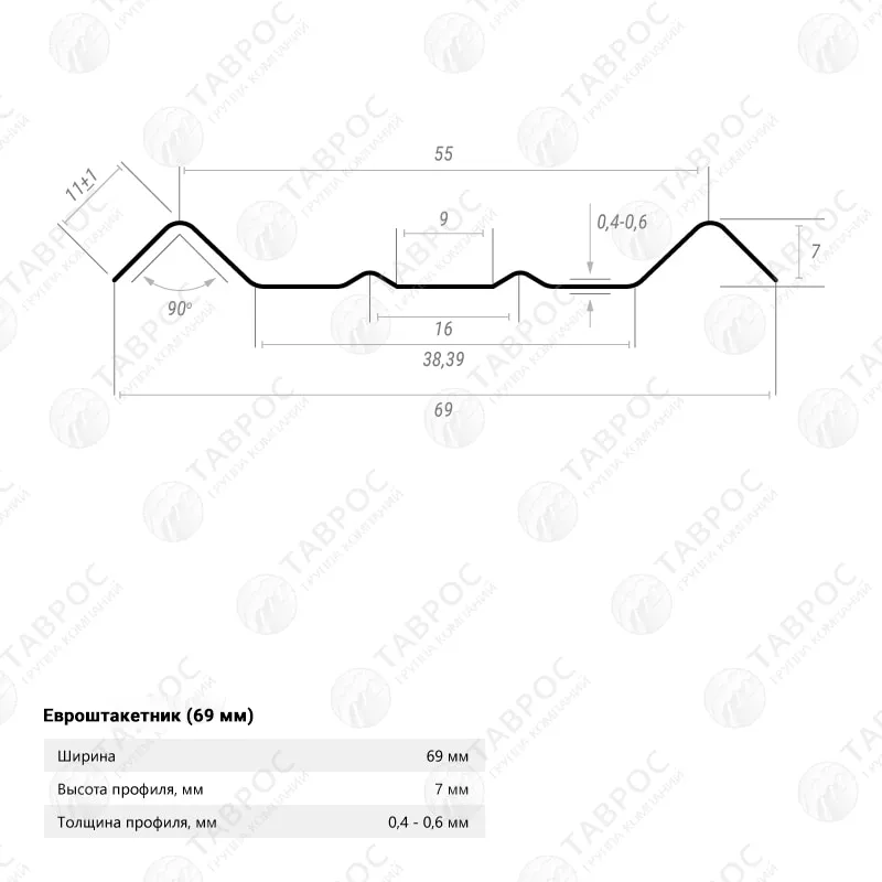 Металлический штакетник Гладкий полиэстер RAL 6005 (Зелёный мох) 2000*69*0,5 односторонний Фигурный