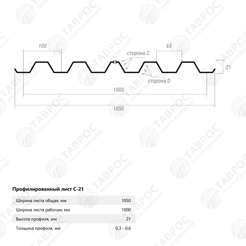 Профнастил С-21 Гладкий полиэстер RAL 9003 (Белый) 2500*1050*0,5 двухсторонний